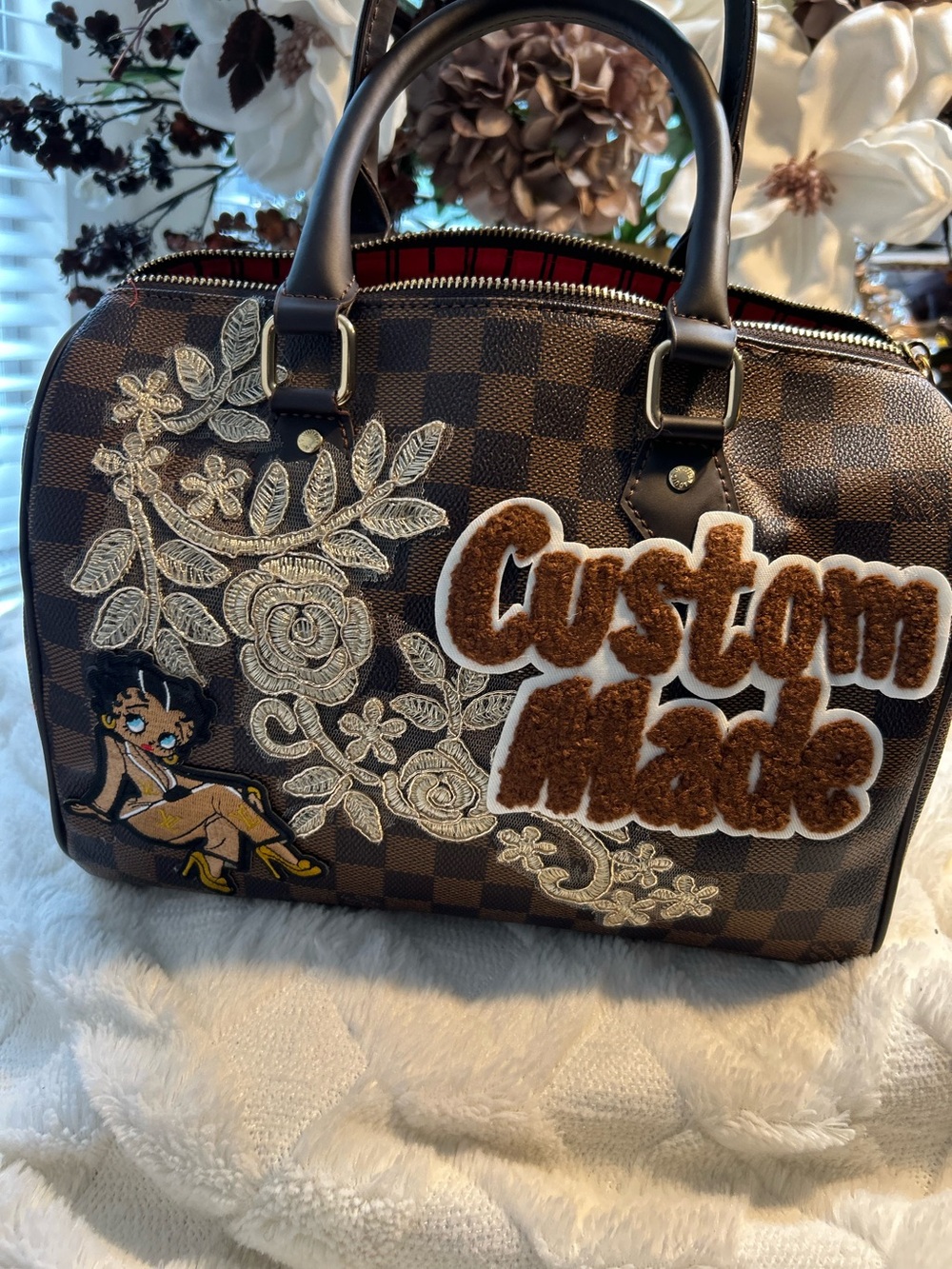 Brown Checkered Satchel with Floral Embroidery and Appliqué